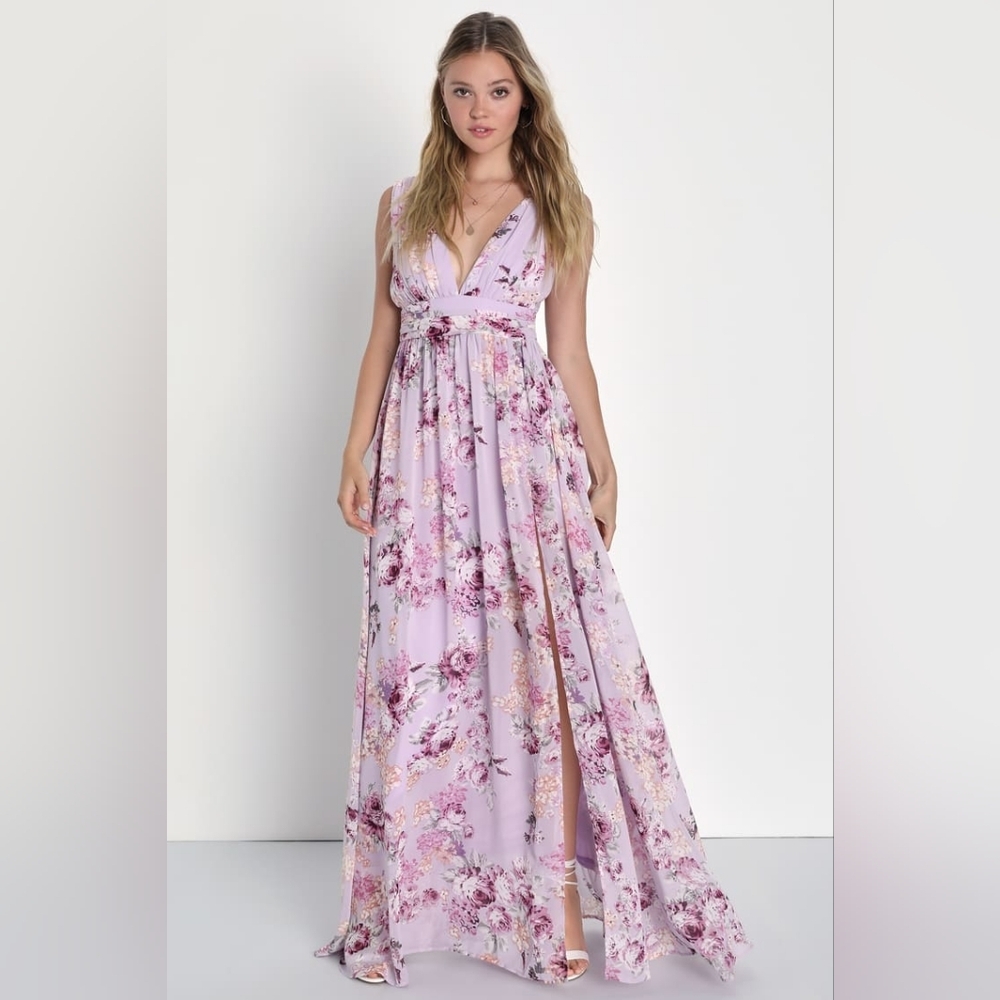 Lulu's Garden Meandering Lavender Floral Print Maxi Dress XS Extra Small NWT
